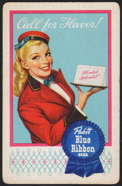 Vintage playing card PABST BLUE RIBBON BEER red woman pictured Call for Flavor