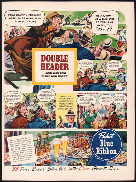 Vintage magazine ad PABST BLUE RIBBON BEER 1942 Albert Dorne cartoon sports art