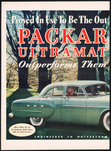 Vintage magazine ad PACKARD ULTRAMATIC from 1952 picturing a green car 2 page