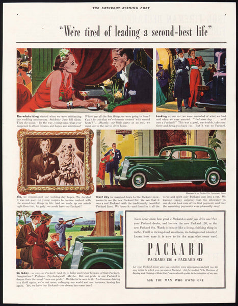 Vintage magazine ad PACKARD AUTOMOBILE 1937 green two door hardtop and couple