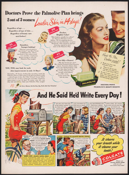 Vintage magazine ad PALMOLIVE and COLGATE from 1948 women and cartoon pictured