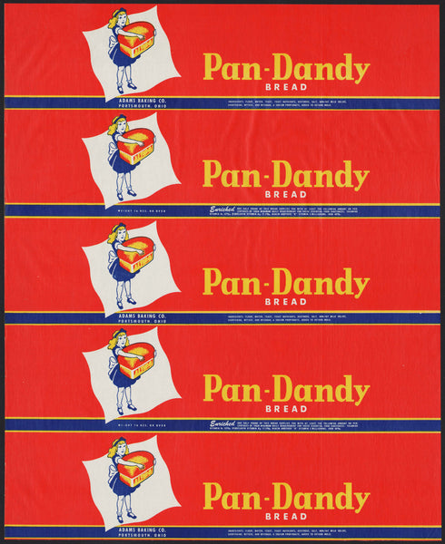 Vintage bread wrapper PAN DANDY girl pictured Adams Baking Portsmouth Ohio unused