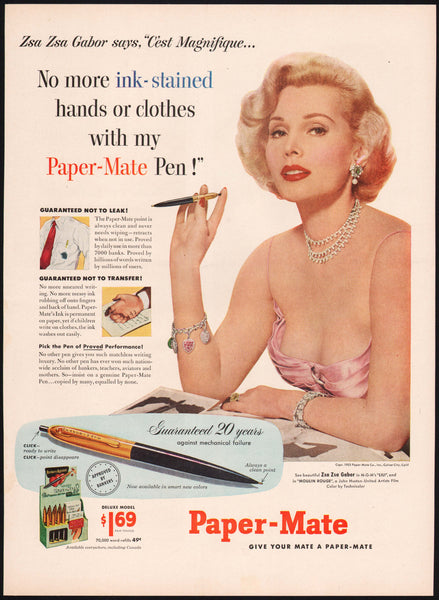 Vintage magazine ad PAPER MATE pens from 1953 Zsa Zsa Gabor in Lili Moulin Rouge