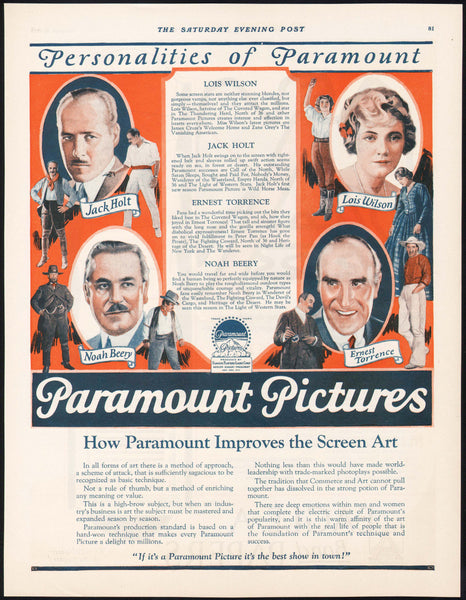 Vintage magazine ad PARAMOUNT PICTURES 1925 Holt Beery Torrence Wilson pictured
