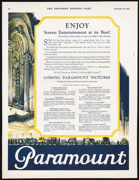 Vintage magazine ad PARAMOUNT PICTURES from 1924 with full color graphics 2 page
