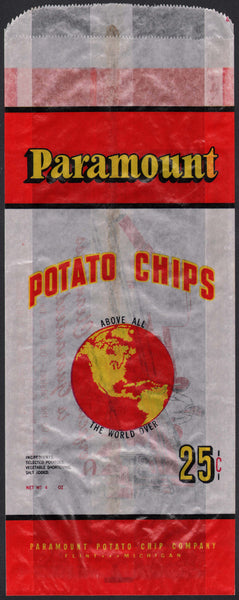 Vintage bag PARAMOUNT POTATO CHIPS globe and chip machine Flint Michigan n-mint