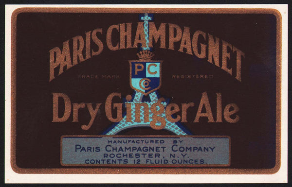 Vintage soda pop bottle label PARIS GINGER ALE 12oz Eiffel Tower Rochester NY