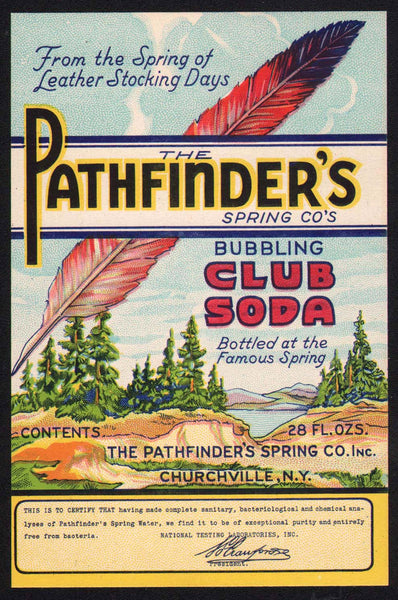 Vintage soda pop bottle label PATHFINDERS CLUB SODA feather 28oz Churchville NY