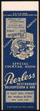 Vintage matchbook cover PEERLESS RESTAURANT Bar New York City salesman sample