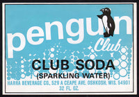Vintage soda pop bottle label PENGUIN CLUB CLUB SODA Oshkosh Wisconsin unused