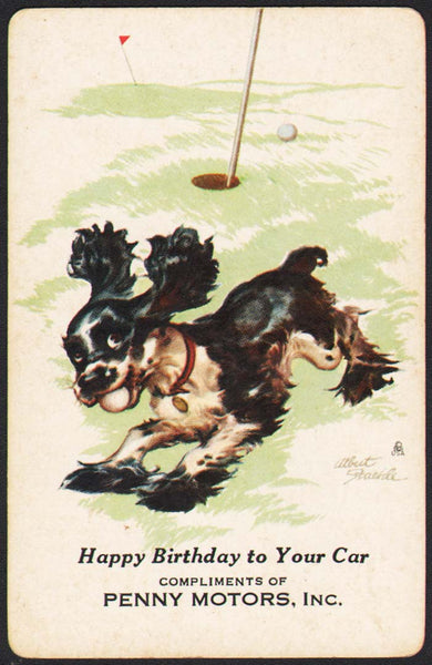 Vintage playing card PENNY MOTORS INC Butch golf green Albert Staehle artwork