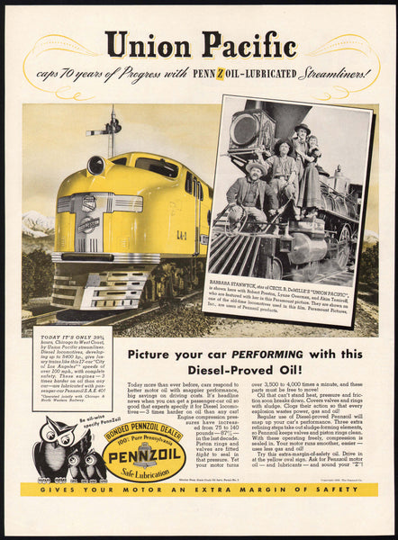 Vintage magazine ad PENNZOIL MOTOR OIL 3 owls logo 1939 Union Pacific train pictured