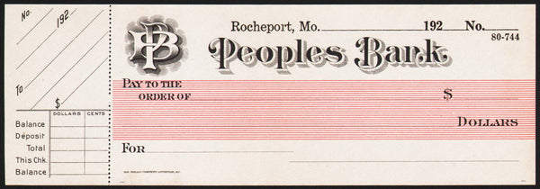 Vintage bank check PEOPLES BANK Rocheport Missouri dated 1920s unused n-mint