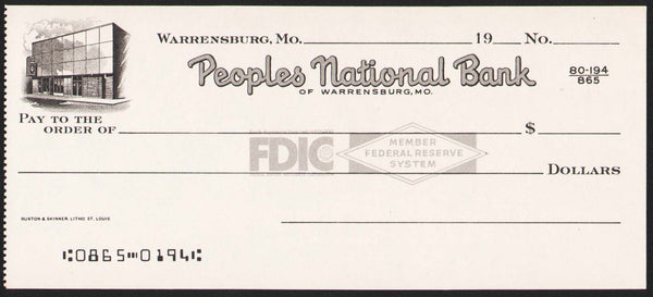 Vintage bank check PEOPLES NATIONAL BANK Warrensburg Missouri bank pictured n-mint