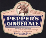Vintage soda pop bottle label PEPPERS GINGER ALE moose pictured 9oz Ashland PA unused