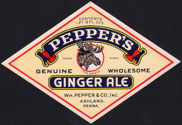Vintage soda pop bottle label PEPPERS GINGER ALE moose 1pt8oz Ashland PA unused