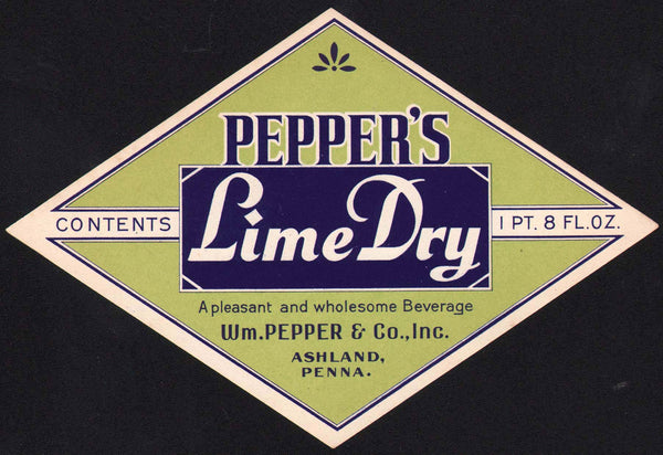 Vintage soda pop bottle label PEPPERS LIME DRY Ashland PA unused new old stock