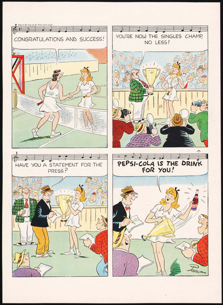Vintage magazine ad PEPSI COLA from 1947 tennis cartoon with Alvah Posen artwork