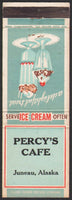 Vintage matchbook cover PERCYS CAFE fountain glasses ice cream Juneau Alaska