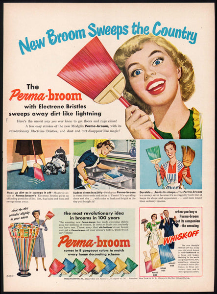 Vintage magazine ad PERMA BROOM 1949 with Electrene bristles and the Whisk off