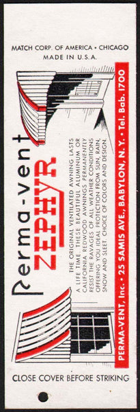 Vintage matchbook cover PERMA VENT ZEPHYR full length salesman sample Babylon NY