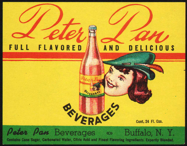 Vintage soda pop bottle label PETER PAN BEVERAGES Buffalo NY new old stock n-mint+
