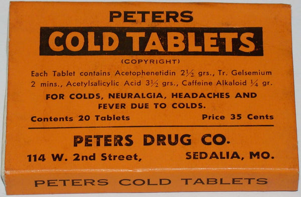 Vintage box PETERS COLD TABLETS Peters Drug Co Sedalia Missouri new old stock