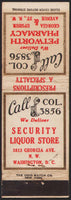 Vintage matchbook cover PETWORTH PHARMACY Security Liquor Store Washington DC
