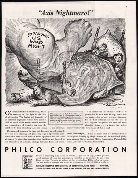 Vintage magazine ad PHILCO CORPORATION from 1942 Hitler pictured Hugh Hutton artwork