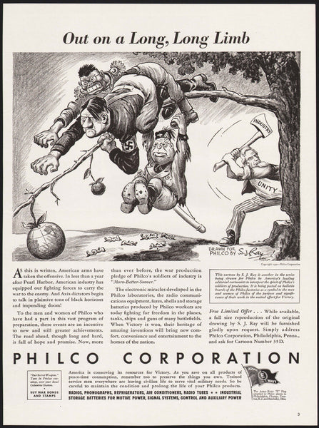Vintage magazine ad PHILCO 1942 cartoon Hitler Hirohito Mussolini S J Ray art