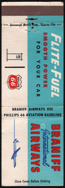 Vintage matchbook cover PHILLIPS 66 gas oil plane Braniff International Airways