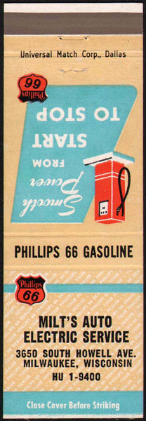 Vintage matchbook cover PHILLIPS 66 with a pump pictured Milts Milwaukee Wisconsin