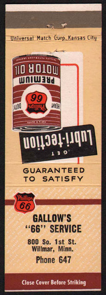 Vintage matchbook cover PHILLIPS 66 can pictured Gallows 66 Service Wilmar Minnesota