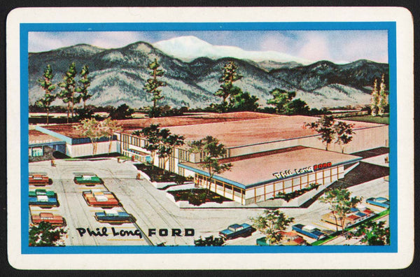 Vintage playing card PHIL LONG FORD dealership pictured blue border Colorado Springs