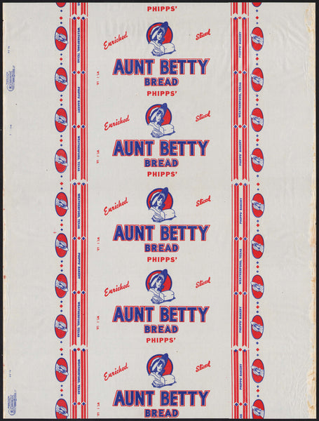 Vintage bread wrapper PHIPPS AUNT BETTY woman pictured 1948 Weatherford Texas n-mint