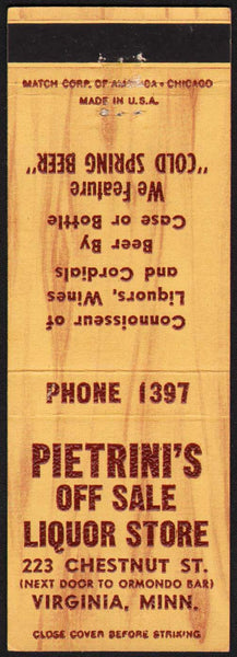 Vintage matchbook cover PIETRINIS OFF SALE LIQUOR STORE from Virginia Minnesota
