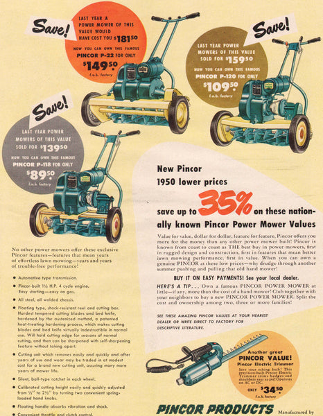 Vintage magazine ad PINCOR PRODUCTS LAWN MOWERS 1950 power mowers