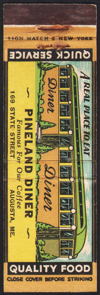Vintage matchbook cover PINELAND DINER full length diner pictured Augusta Maine