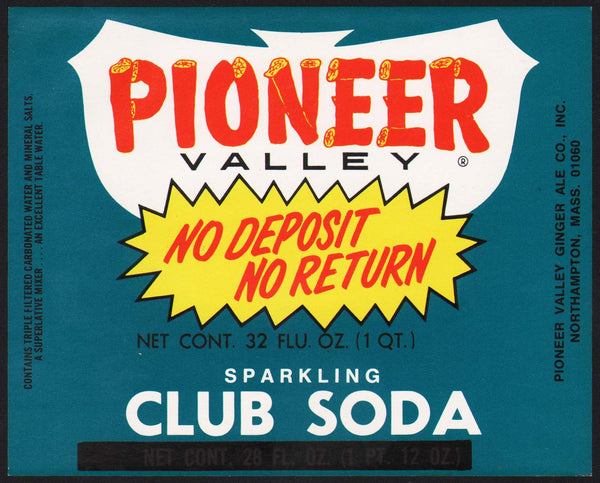 Vintage soda pop bottle label PIONEER VALLEY CLUB SODA Northampton Mass n-mint+