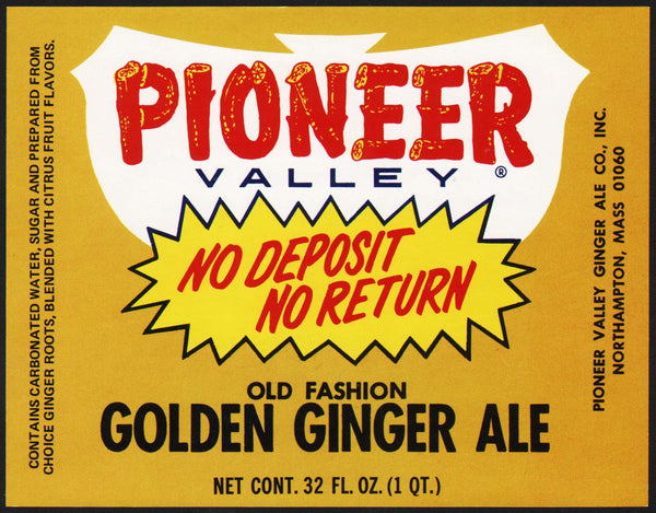 Vintage soda pop bottle label PIONEER VALLEY GINGER ALE Northampton Mass n-mint+