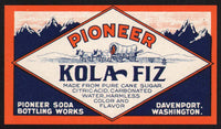 Vintage soda pop bottle label PIONEER KOLA FIZ Davenport Washington unused n-mint+