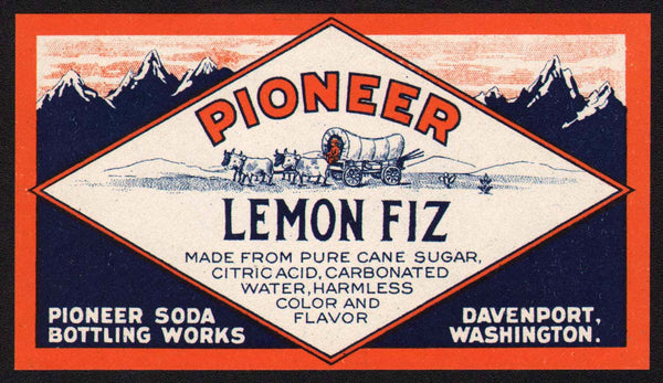 Vintage soda pop bottle label PIONEER LEMON FIZ Davenport Washington unused