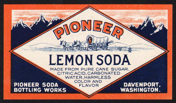 Vintage soda pop bottle label PIONEER LEMON SODA Davenport Washington unused
