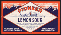 Vintage soda pop bottle label PIONEER LEMON SOUR Davenport Washington unused
