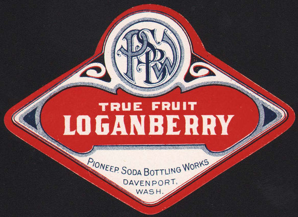 Vintage soda pop bottle label PSBW LOGANBERRY SODA Pioneer Davenport Washington