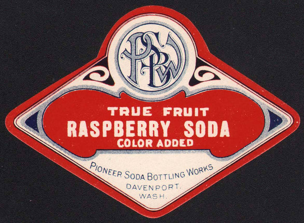 Vintage soda pop bottle label PSBW RASPBERRY SODA Pioneer Davenport Washington