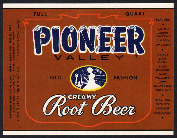 Vintage soda pop bottle label PIONEER VALLEY ROOT BEER Northampton Mass n-mint+