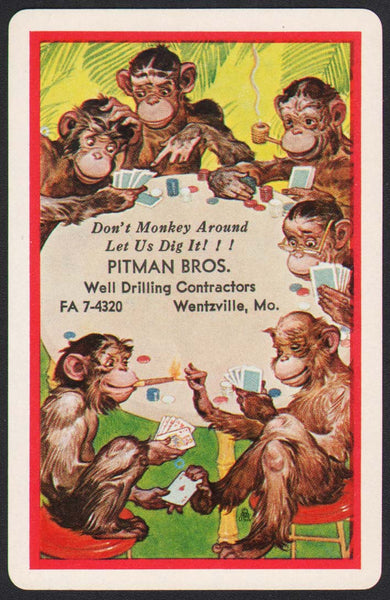 Vintage playing card PITMAN BROS Well Drilling monkeys pictured Wentzville MO