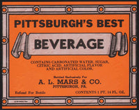 Vintage soda pop bottle label PITTSBURGHS BEST BEVERAGE dated 1937 A L Mars PA