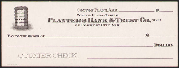 Vintage bank check PLANTERS BANK and TRUST CO Forrest City Cotton Plant Arkansas